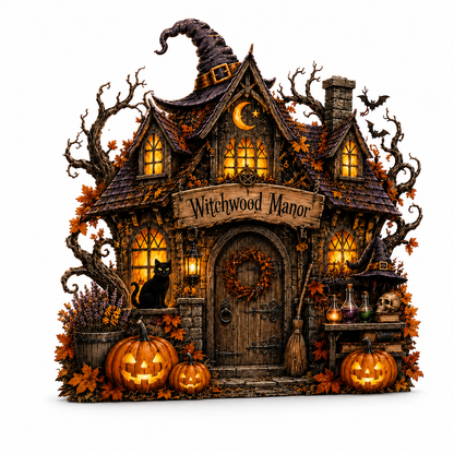 Gothic Witchwood Manor wooden tabletop sign with glowing pumpkin lights, witch hat, and autumn leaves setup.