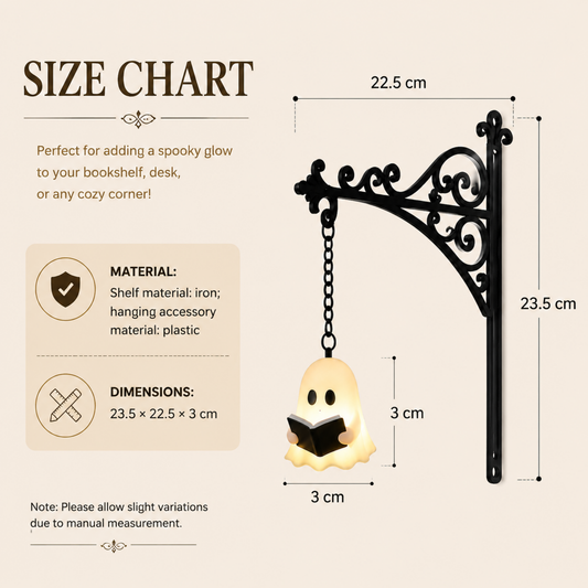 Size chart diagram showing a black wrought-iron style wall bracket with a hanging ghost-shaped shelf light that reads a book. The image includes dimensions of 23.