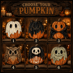 A Halloween-themed graphic with the text 'CHOOSE YOUR PUMPKIN' at the top and six numbered pumpkin designs below in a grid. The pumpkins include ghost, bat, vampire, owl, skeleton, and Jack Skellington styles, each shown on a wooden shelf with candles and autumn decor in the background.