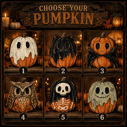 A Halloween-themed graphic with the text 'CHOOSE YOUR PUMPKIN' at the top and six numbered pumpkin designs below in a grid. The pumpkins include ghost, bat, vampire, owl, skeleton, and Jack Skellington styles, each shown on a wooden shelf with candles and autumn decor in the background.