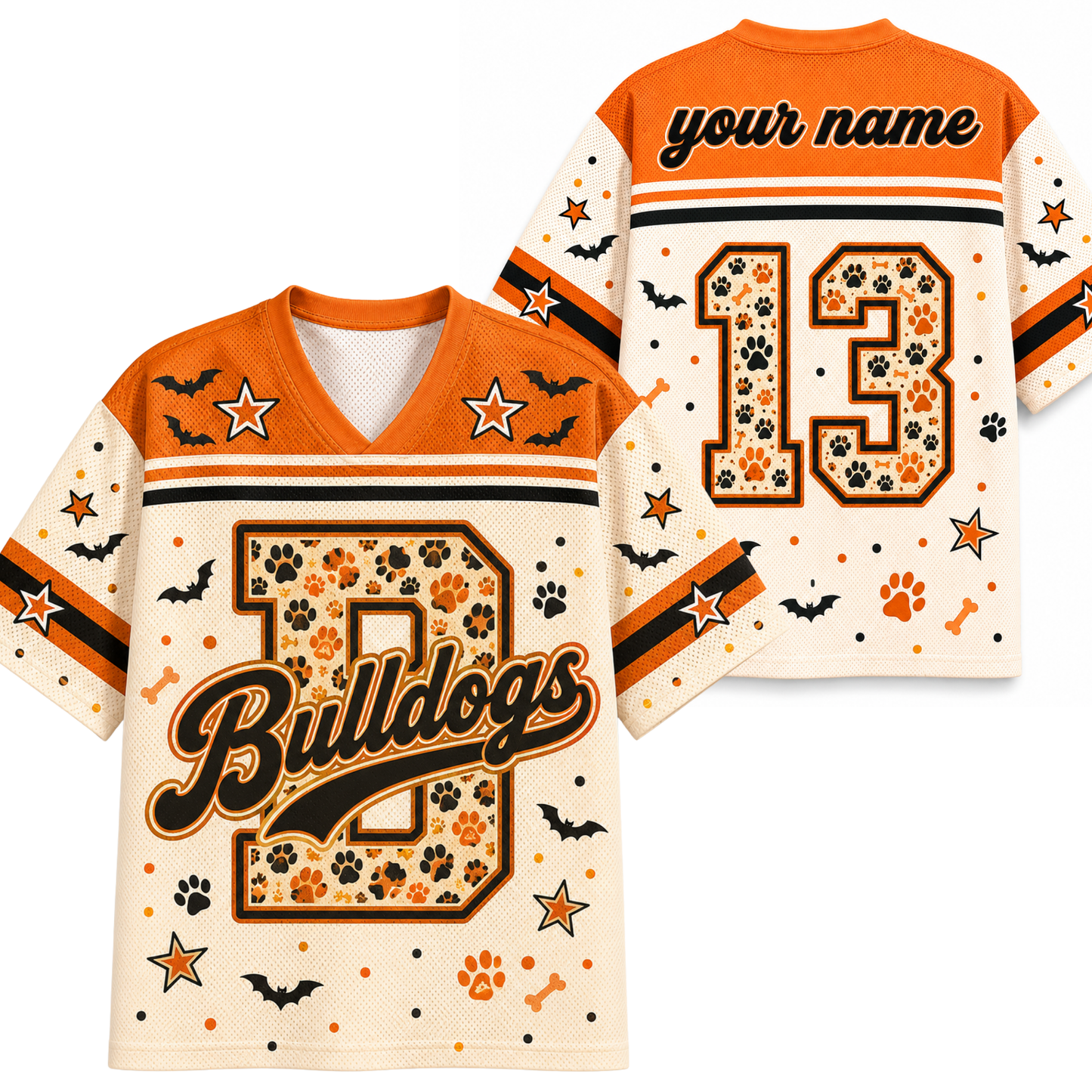 Customizable football jersey shown from the front and back, featuring a Halloween theme with paw prints, bats, stars, and bones in orange, black, and cream colors.