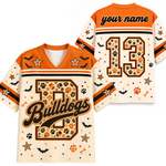 Customizable football jersey shown from the front and back, featuring a Halloween theme with paw prints, bats, stars, and bones in orange, black, and cream colors.