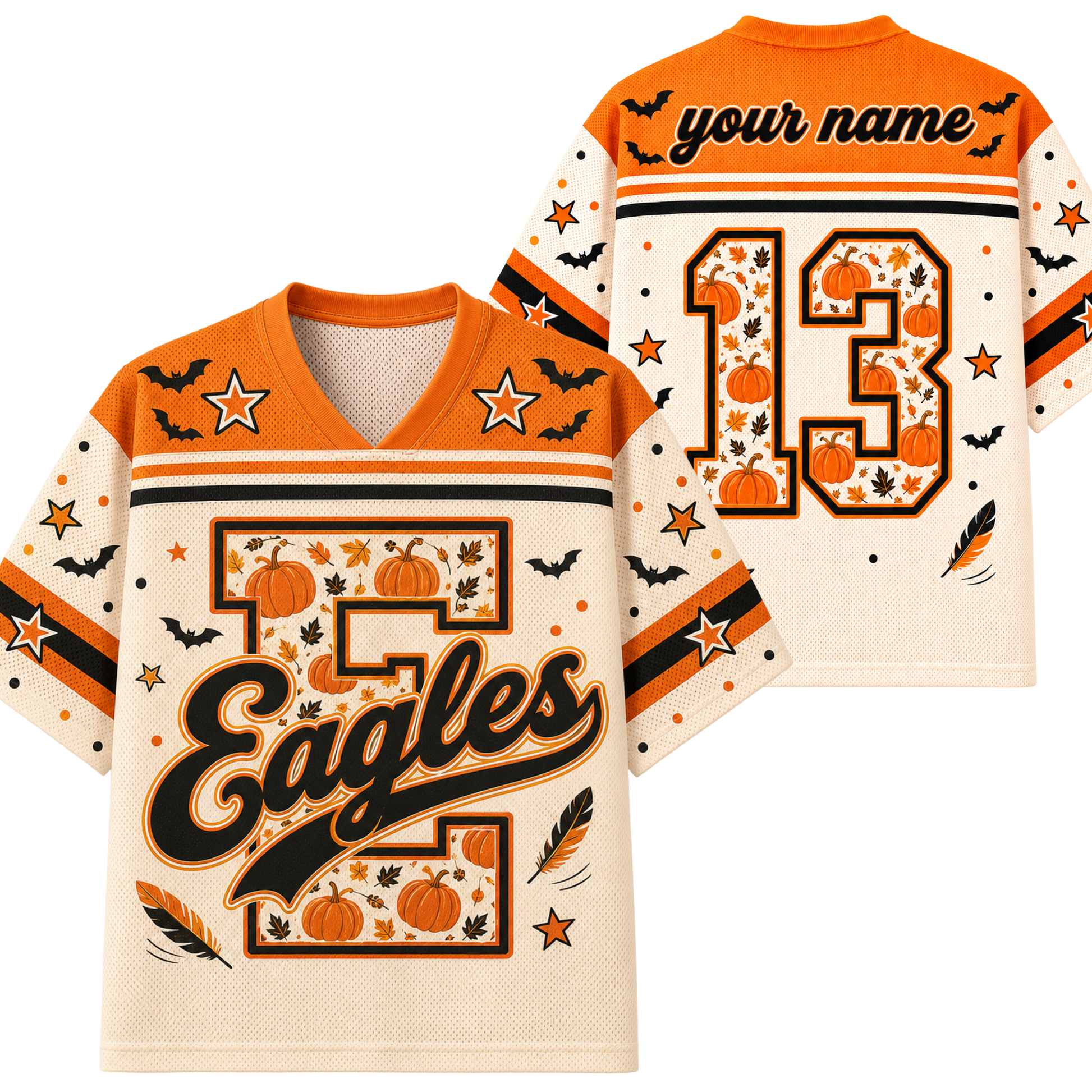 A split screen mockup showing the front and back of the cream and orange Chaotic Club Eagles Halloween jersey featuring a plaid letter E, bats, pumpkins, and custom back number 13.