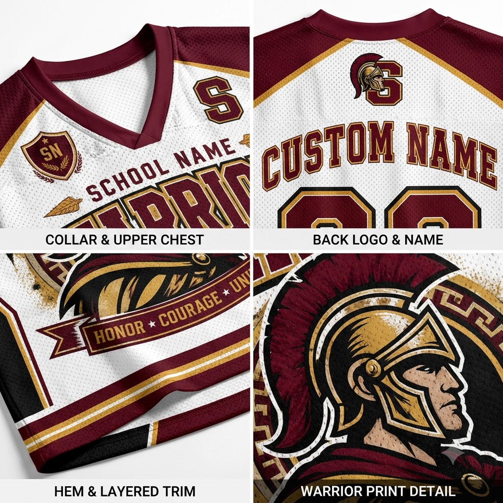 Custom Spartan-themed athletic jersey mockup showing front and back views with maroon, white, and gold details, including placeholder text for school name, custom name, number, collar, hem, and printed graphic details.
