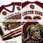 Custom Spartan-themed athletic jersey mockup showing front and back views with maroon, white, and gold details, including placeholder text for school name, custom name, number, collar, hem, and printed graphic details.