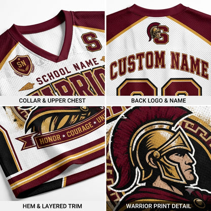 Custom Spartan-themed athletic jersey mockup showing front and back views with maroon, white, and gold details, including placeholder text for school name, custom name, number, collar, hem, and printed graphic details.