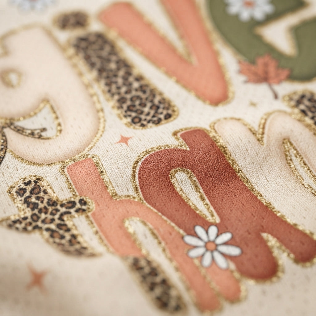 Close-up of a fabric surface with large decorative letters in peach, terracotta, cream, leopard print, white, and gold glitter outlines.