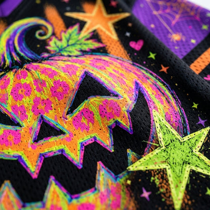 Close-up of a black fabric featuring a vibrant, neon-patterned jack-o'-lantern with pink, orange, and green details, alongside neon stars and hearts.