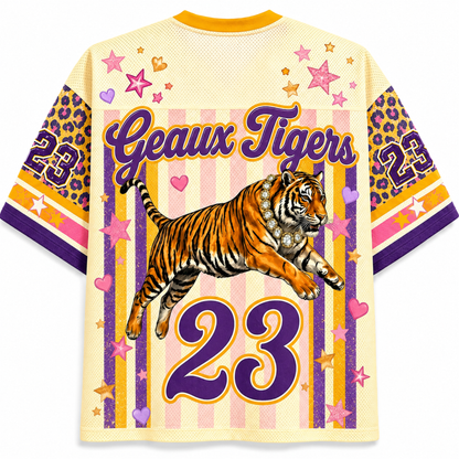 ChaoticClub mesh jersey close up showing leopard tiger face illustration with bubblegum detail and high resolution print texture