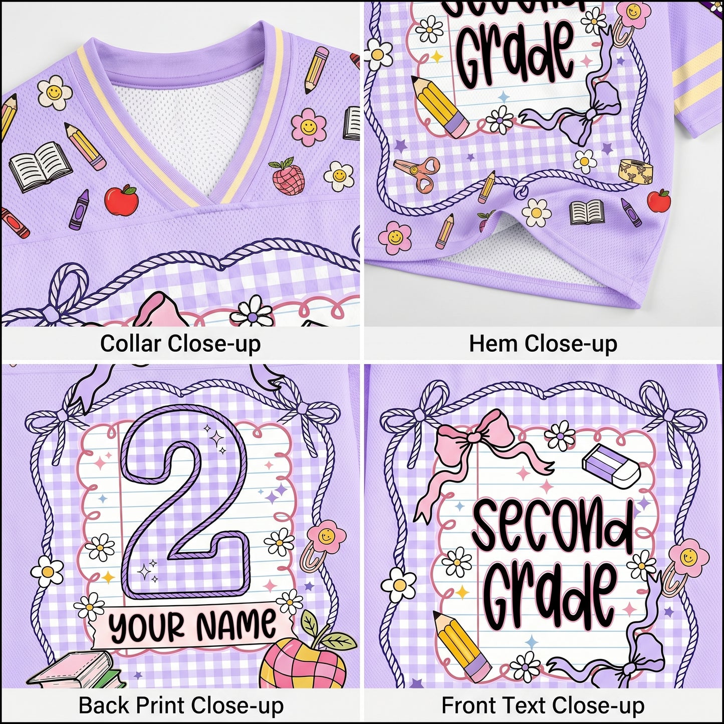 Collage of a purple 'Second Grade' shirt with close-up details on collar, hem, back print, and front text.