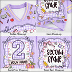 Collage of a purple 'Second Grade' shirt with close-up details on collar, hem, back print, and front text.