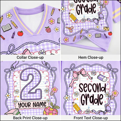 Collage of a purple 'Second Grade' shirt with close-up details on collar, hem, back print, and front text.