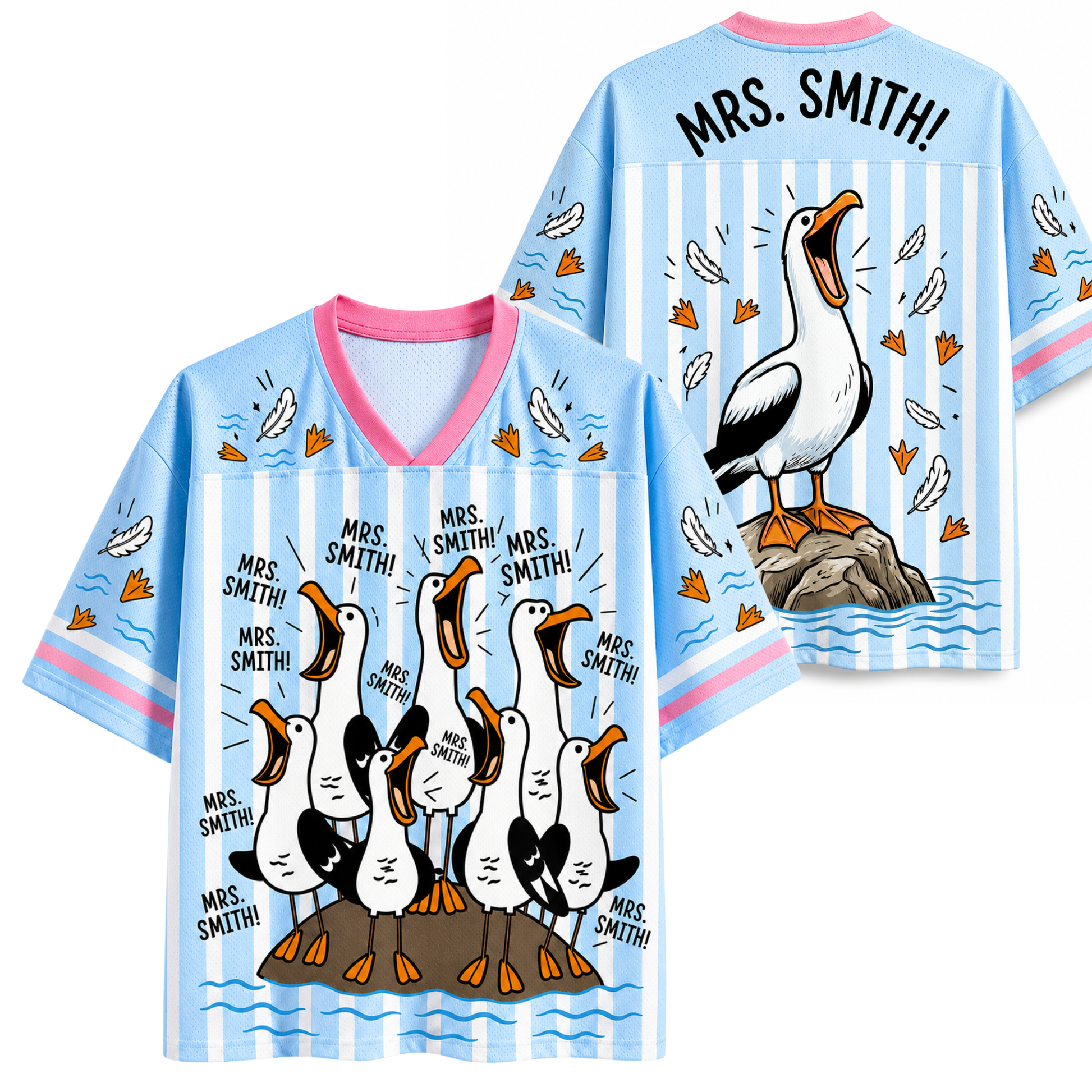 Two blue shirts with cartoon pelican design and 'Mrs. Smith!' text on a white background