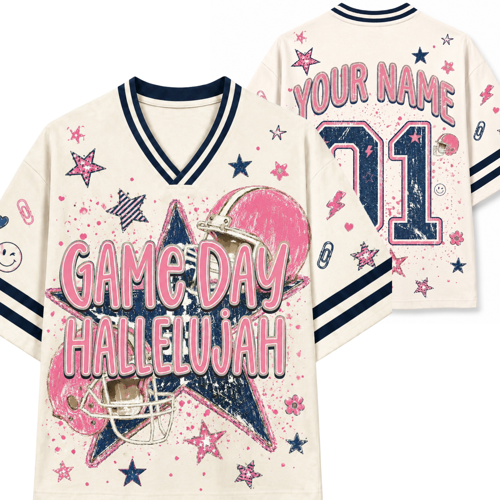 A cream-colored football-style jersey shown from the front and back, featuring navy blue and pink graphics. The front displays 'GAME DAY HALLELUJAH' in pink lettering over a large pink and navy star with a football helmet, while the back shows 'YOUR NAME' and the number '71' in a distressed navy and pink font.