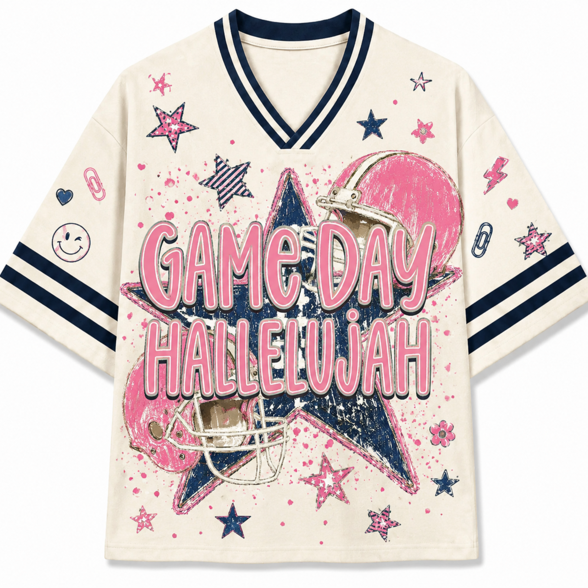 An off-white short-sleeve V-neck t-shirt with navy blue stripes on the collar and sleeves, featuring a colorful 'GAME DAY HALLELUJAH' graphic with football helmets, stars, and sparkles on the front.