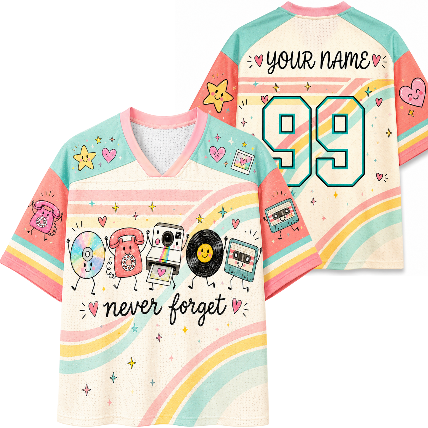 ChaoticClub Never Forget Cute Retro Nostalgic 90s t-shirt front view featuring colorful pastel throwback graphics and bold retro typography