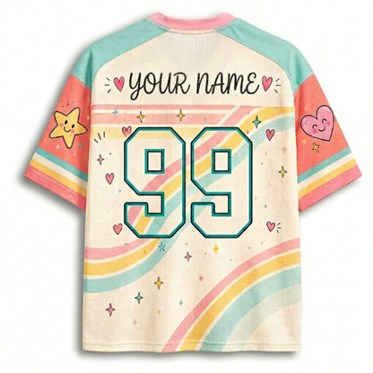 Colorful jersey with 'YOUR NAME' and number '99' on a white background