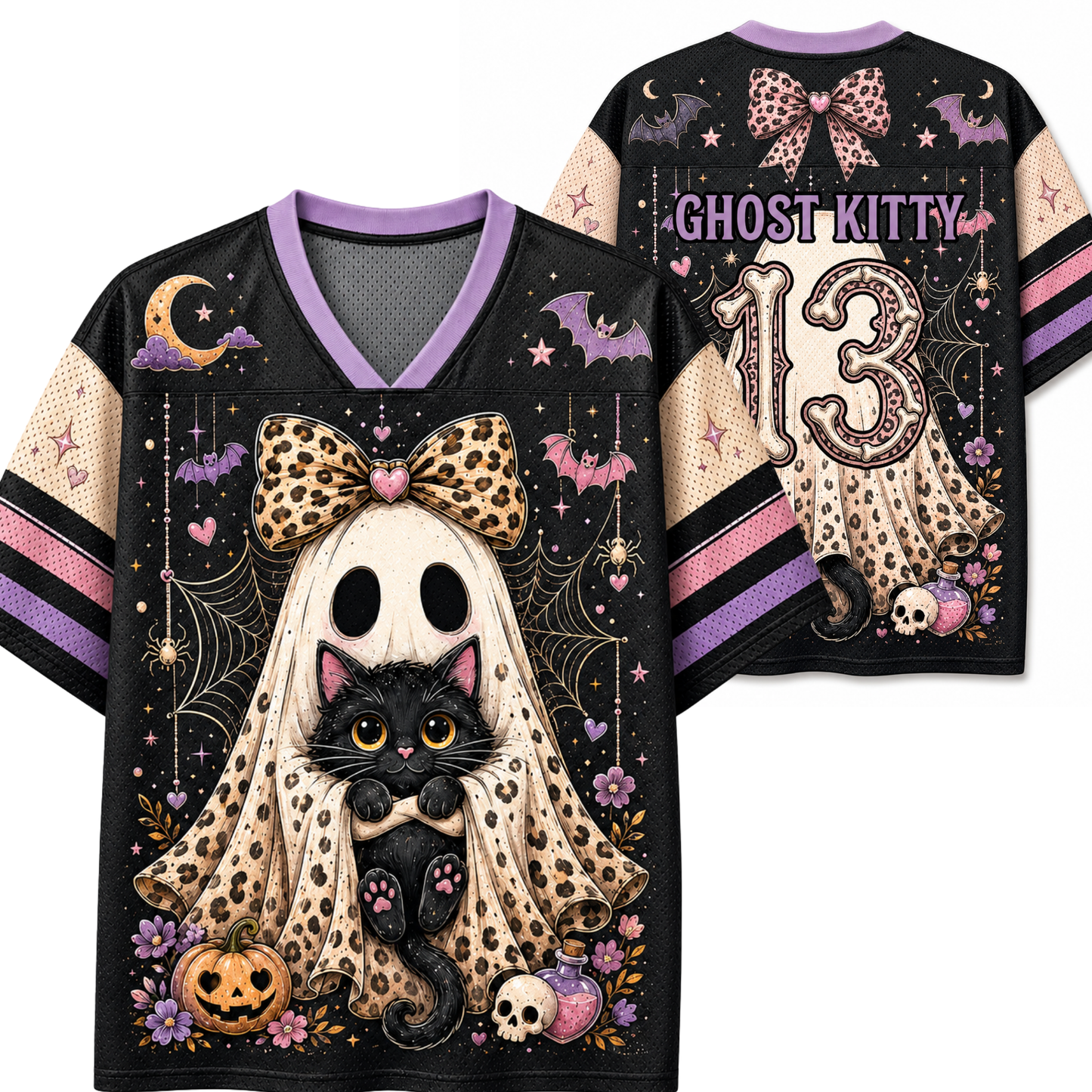 A black Halloween-themed football-style jersey shown from the front and back, featuring a ghost and black cat graphic, purple trim, leopard-print bow details, and the text 'GHOST KITTY' and the number '13'.