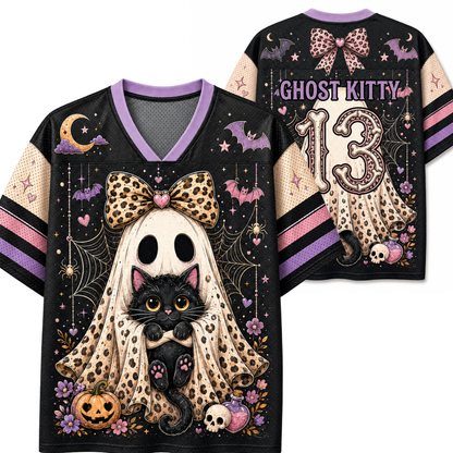 A black Halloween-themed football-style jersey shown from the front and back, featuring a ghost and black cat graphic, purple trim, leopard-print bow details, and the text 'GHOST KITTY' and the number '13'.