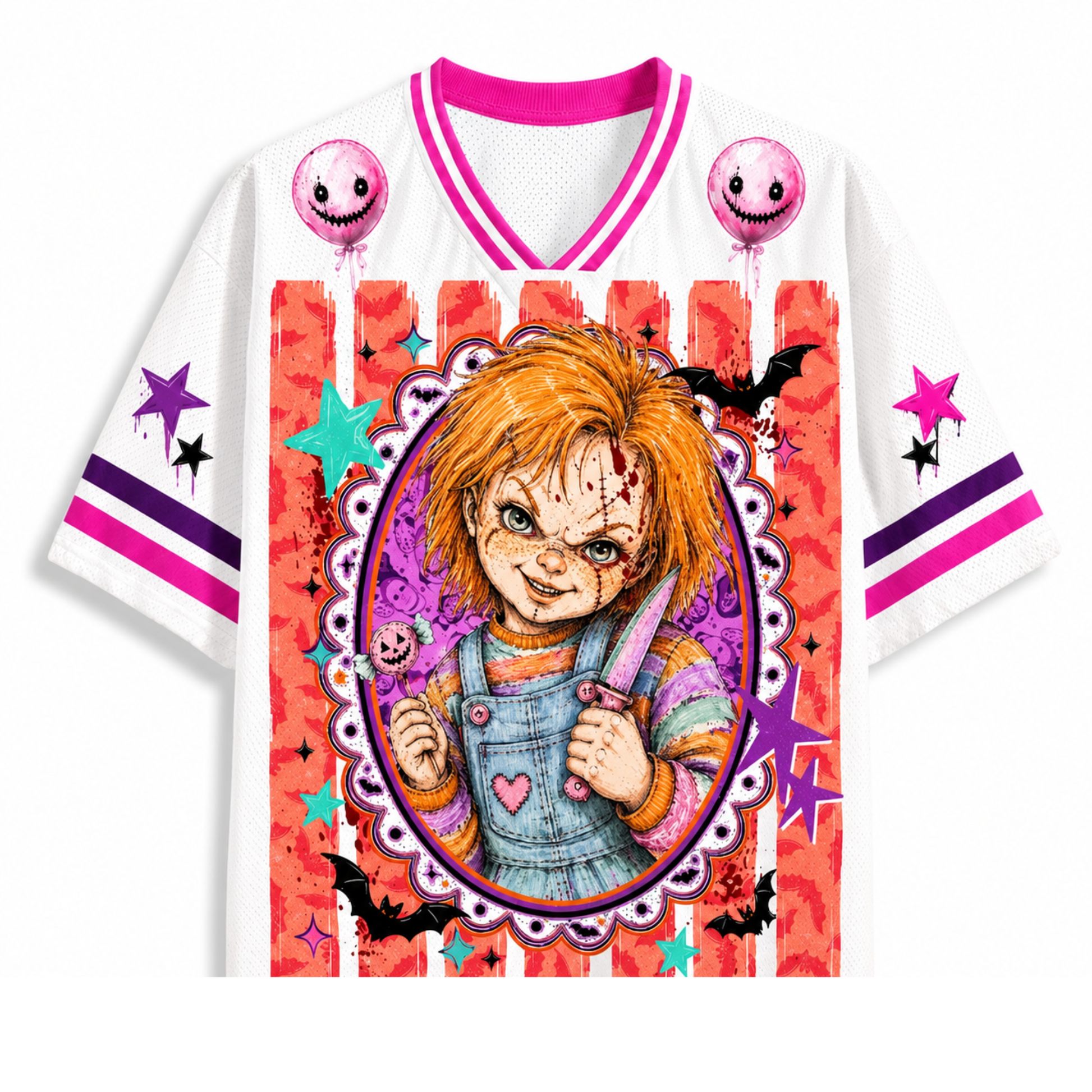 A white short-sleeve athletic-style jersey with a large horror-themed graphic of Chucky in the center, pink balloon faces near the shoulders, orange-red striped side panels, and pink, purple, and teal star/sleeve accents.