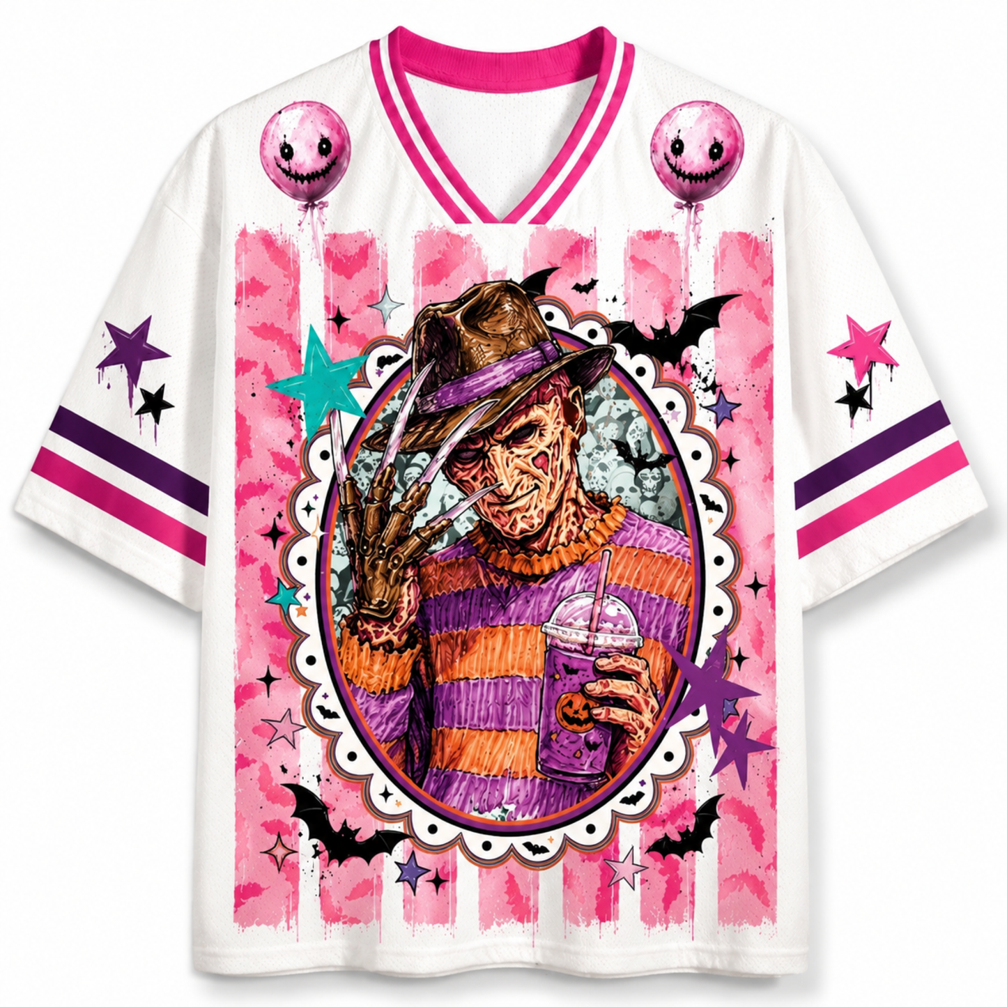 A white V-neck athletic-style T-shirt with pink trim and a large horror-themed graphic print. The design features a central oval portrait of Freddy Krueger, pink striped background elements, bats, stars, balloons, and purple sleeve stripes, shown on a plain white background.
