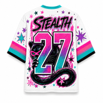 White mesh short-sleeve jersey with a colorful graphic print on the back. The design features the word 'STEALTH' in black and pink, the number '27' in a pink-to-turquoise gradient, a black cat with a pink mask, and pink, teal, and black starburst accents.