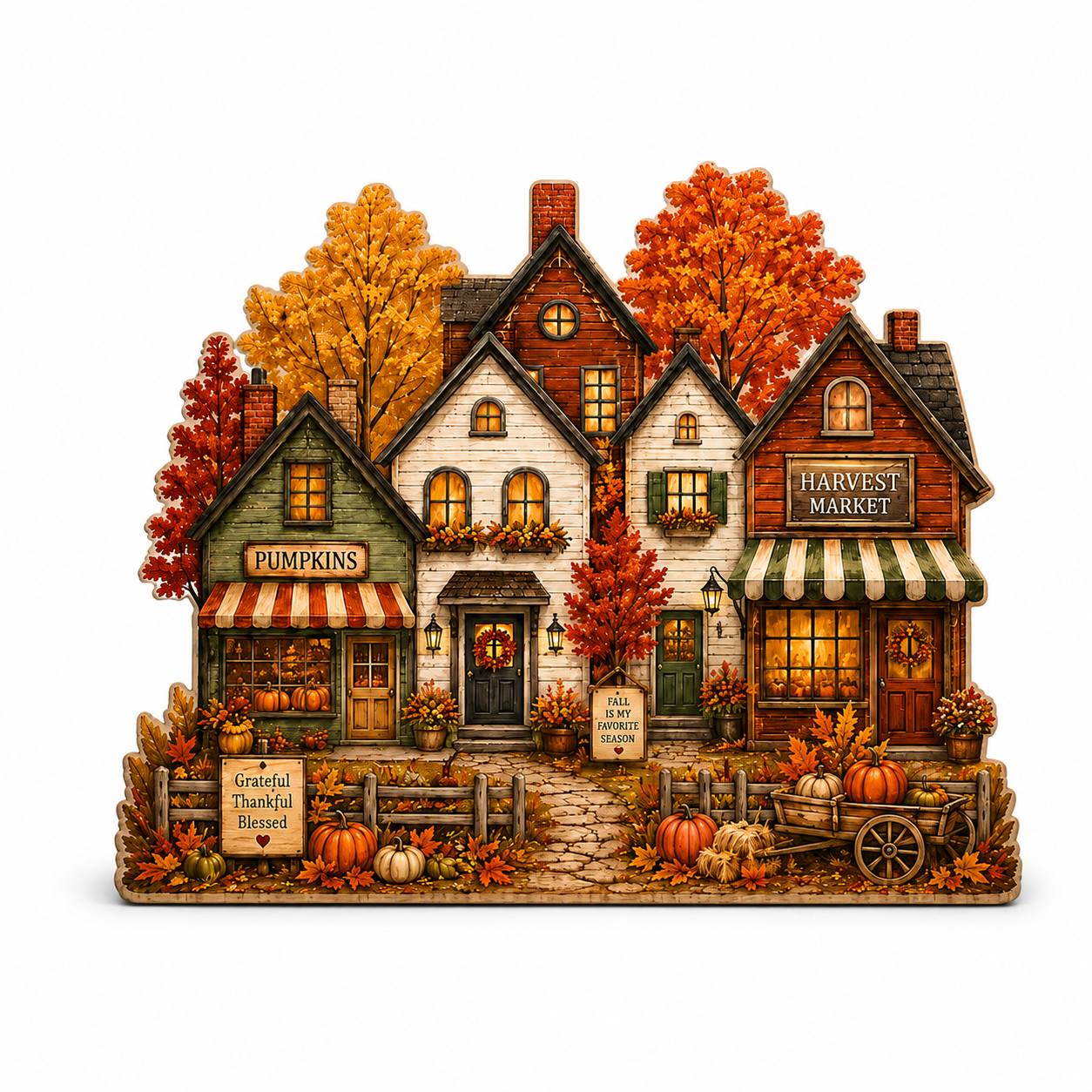A decorative autumn village figurine featuring three cozy houses with storefronts labeled 'Pumpkins,' 'Harvest Market,' and 'Grateful Thanksgiving,' surrounded by orange and yellow trees, pumpkins, benches, flowers, and a cart on a white background.