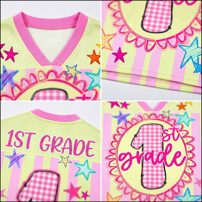 ChaoticClub mesh jersey close up showing breathable Bird’s Eye Pique fabric with green gingham stripes and high-quality print of school graphics