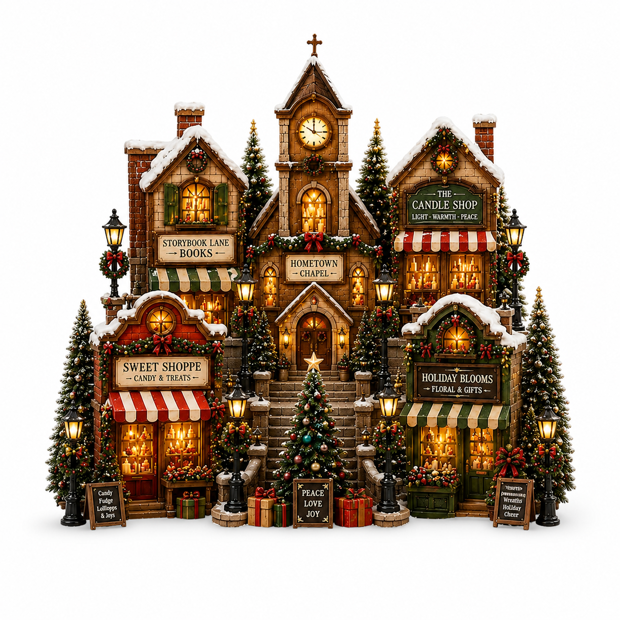 A detailed Christmas village diorama featuring a central church with a clock tower, surrounded by decorated storefronts including a candle shop, sweet shop, and holiday blooms, with lit Christmas trees and gift boxes on a white background.