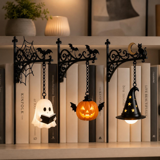 Three Halloween-themed hanging bookends shaped like a ghost reading, a carved pumpkin, and a witch hat, displayed on a wooden bookshelf between books.