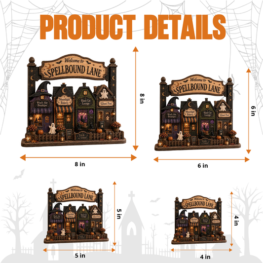 Product details graphic showing a decorative Halloween storefront display labeled 'Welcome to Spellbound Lane' with four size variants, each marked in inches, on a light gray background with spiderwebs and spooky house silhouettes.