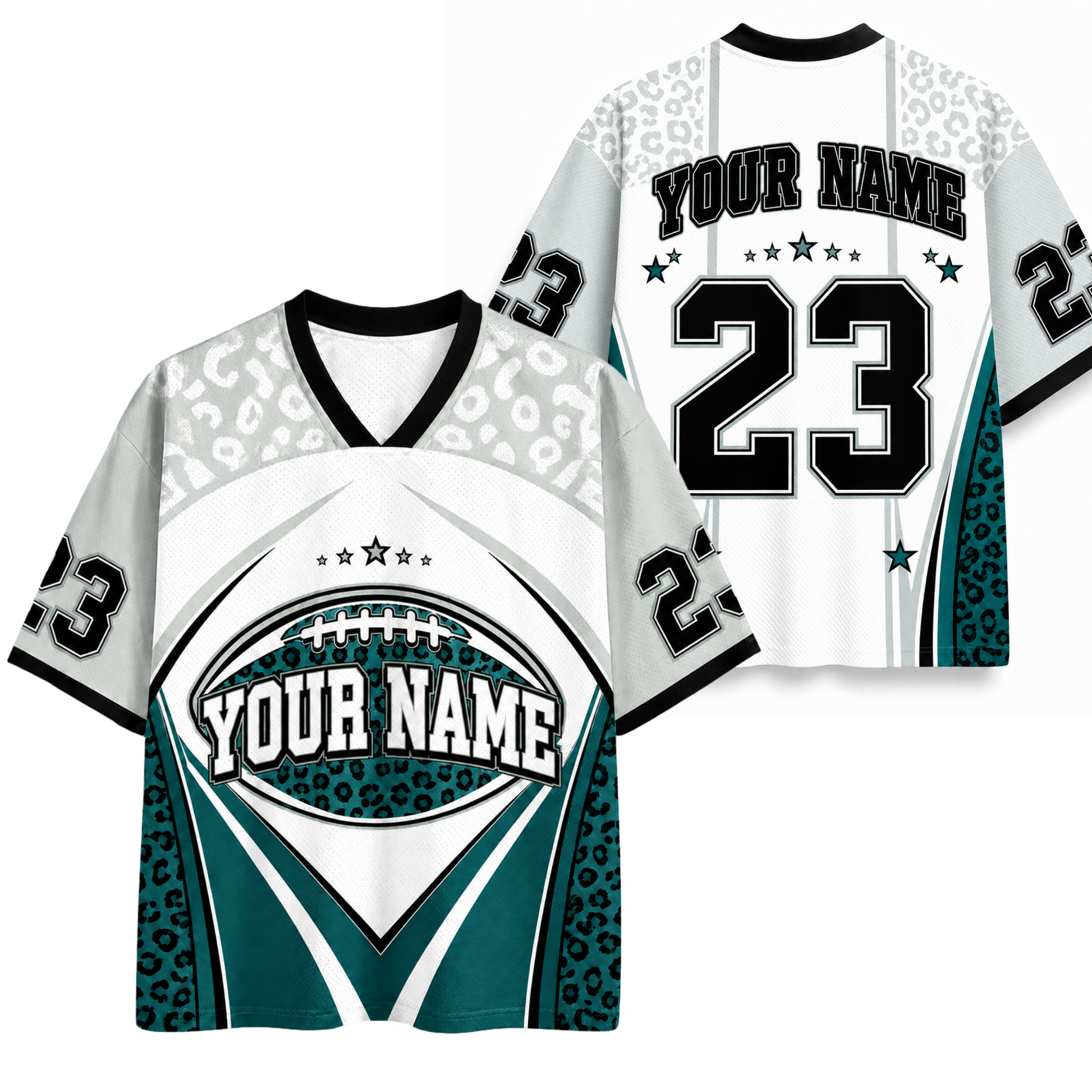 Customizable sports jersey with leopard print and teal accents on a white background