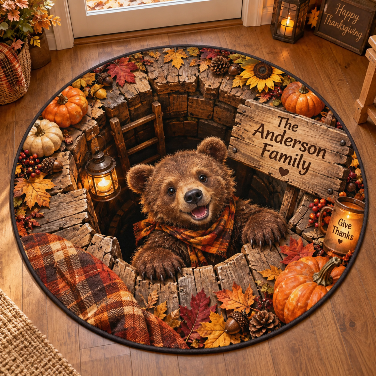 Chaotic Club Personalized Thanksgiving Fall 3D Optical Illusion Round Rug