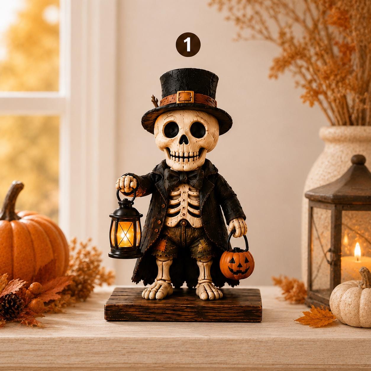 A decorative Halloween figurine of a skeleton dressed in a black top hat, black coat, and brown pants, holding a glowing lantern and a small jack-o'-lantern. The figurine stands on a dark wooden base on a tabletop styled with pumpkins, autumn leaves, and a lit lantern in a warm indoor setting.