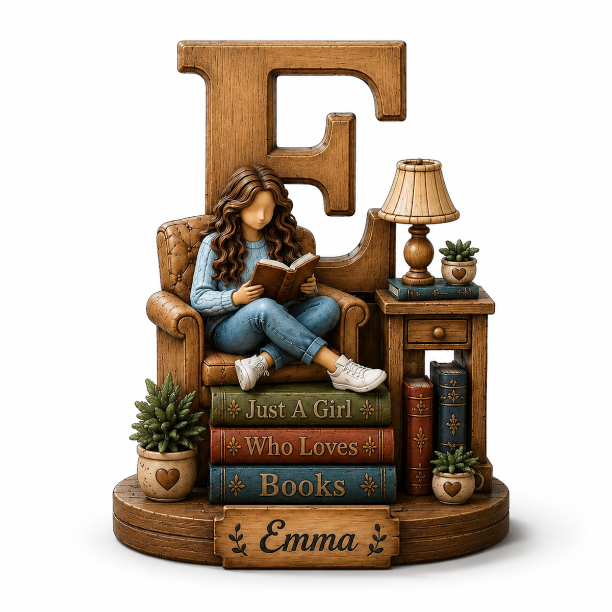 Personalized wooden bookish figurine featuring a woman reading in an armchair, styled with books, a lamp, potted plants, and a large letter E. The base is personalized with the name 'Emma' and reads 'Just A Girl Who Loves Books'.