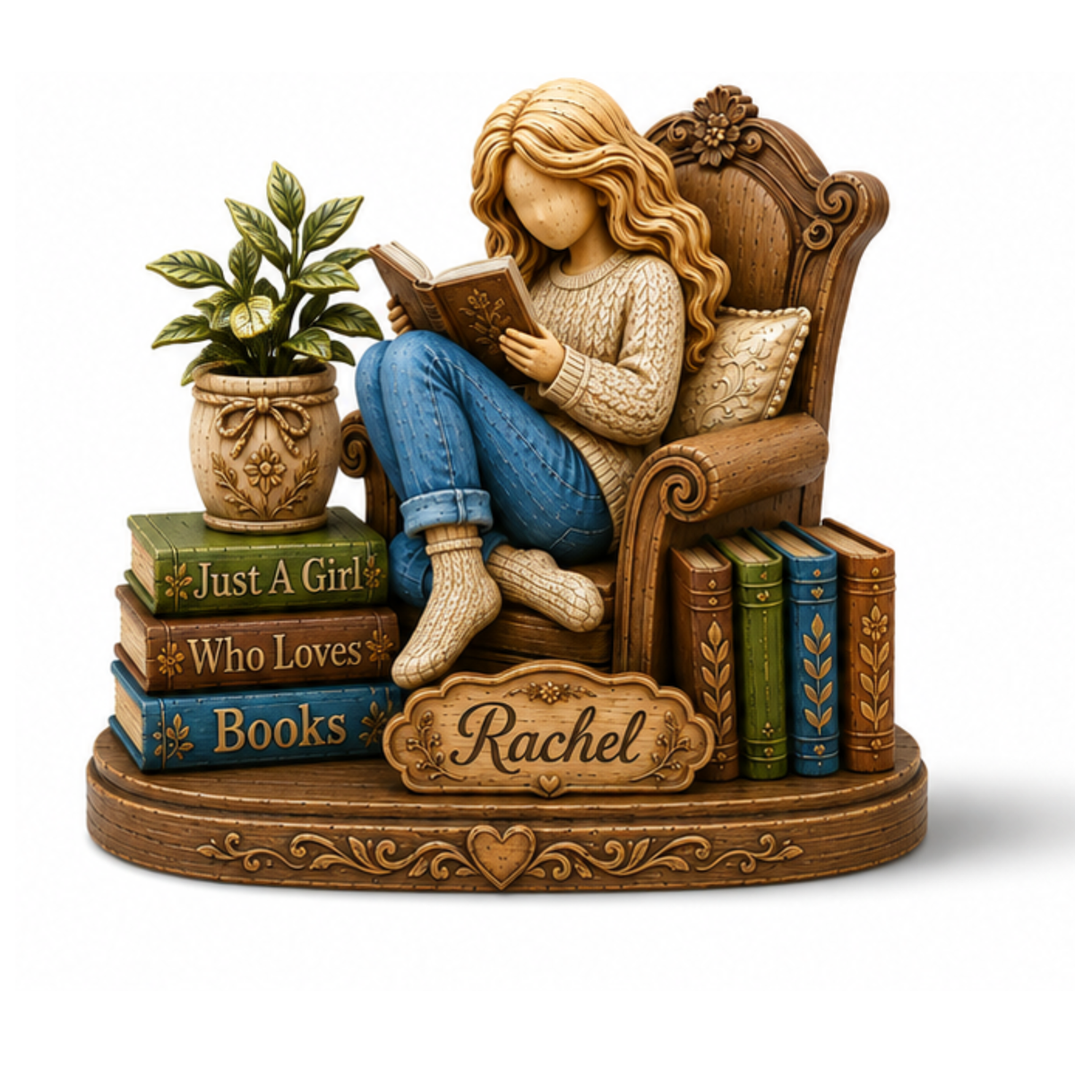 A decorative figurine of a woman with long wavy hair sitting in an ornate wooden armchair and reading a book, surrounded by books and a potted plant. The base features a personalized nameplate reading 'Rachel' and additional book spines in green, blue, and gold.