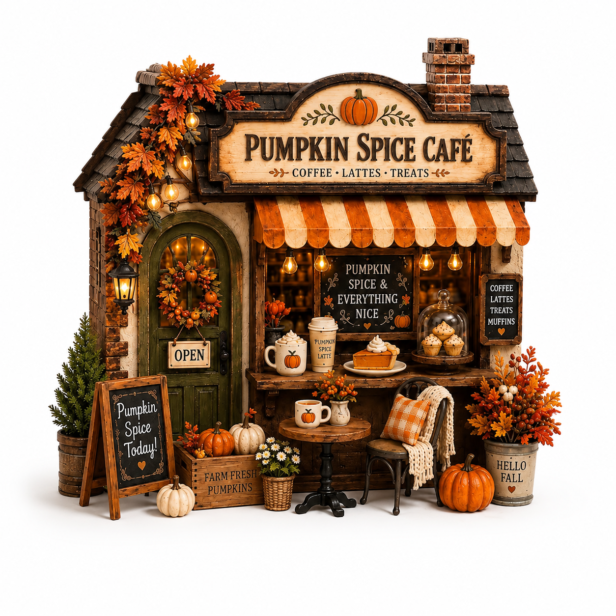 A decorative miniature autumn-themed storefront set labeled 'Pumpkin Spice Café,' with a shingled roof, orange-and-white awning, fall leaves, pumpkins, tables, chairs, mugs, and signage on a white background.