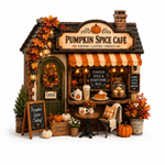 A decorative miniature autumn-themed storefront set labeled 'Pumpkin Spice Café,' with a shingled roof, orange-and-white awning, fall leaves, pumpkins, tables, chairs, mugs, and signage on a white background.
