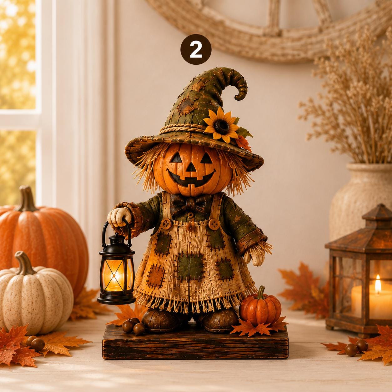 A decorative autumn scarecrow figurine stands on a wooden base in a styled indoor setting. The scarecrow has a carved pumpkin face, a tall camouflage-patterned hat with a sunflower accent, straw hair, and a patchwork-style dress, while holding a small lantern.