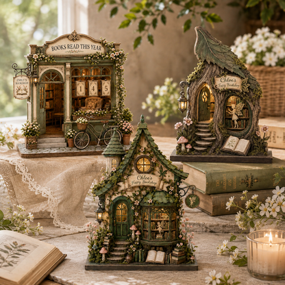 Three decorative miniature book-themed house figurines arranged on a tabletop with vintage books, lace cloth, flowers, and a lit candle in a softly styled indoor setting.