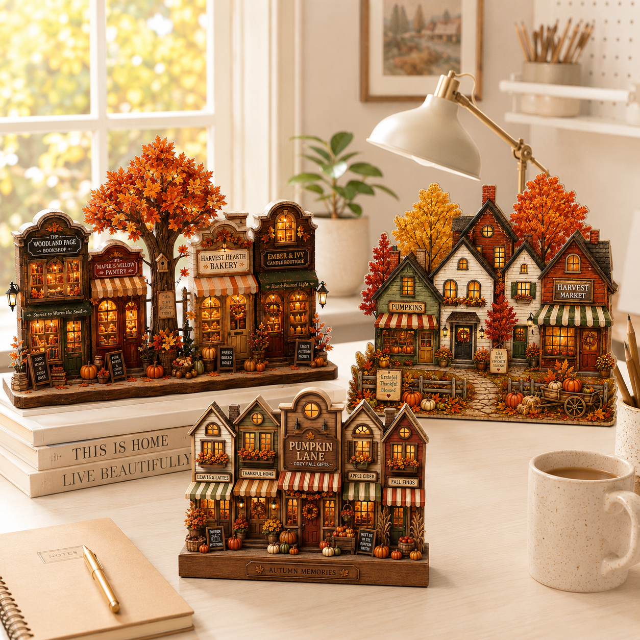 Three decorative miniature autumn village figurines displayed on a tabletop in a styled home setting, with books, a notebook, a lamp, and a mug visible in the background.
