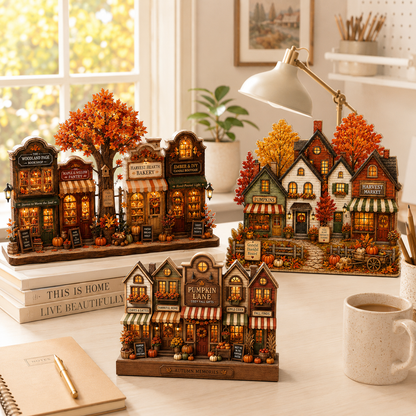Three decorative miniature autumn village figurines displayed on a tabletop in a styled home setting, with books, a notebook, a lamp, and a mug visible in the background.
