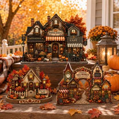 Three decorative miniature autumn village houses displayed outdoors on a wooden surface, surrounded by pumpkins, fall leaves, lanterns, and warm seasonal decor. The central house is labeled 'Pumpkin Harvest Bookshop & Cafe,' with smaller houses reading 'Fall Market' and 'Gourmet Pies.