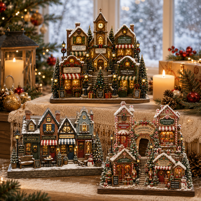 A set of decorative Christmas village miniature houses with glowing warm lights, snow-dusted roofs, and festive storefronts, arranged on a table with candles, pine branches, ornaments, and a blurred snowy window background.