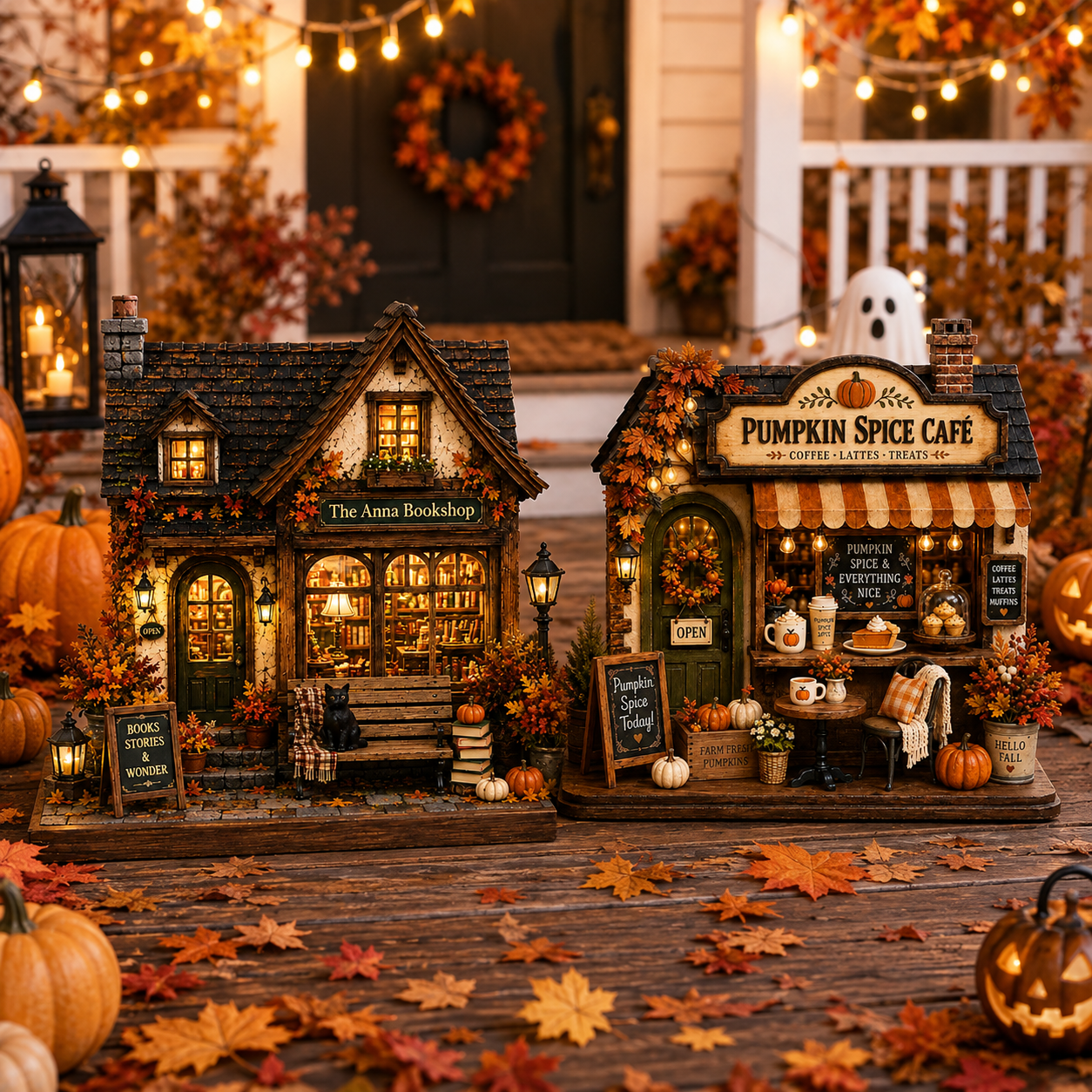 Two miniature autumn-themed wooden house crafts, one labeled 'The Annea Bookshop' and the other 'Pumpkin Spice Cafe', displayed on a rustic wooden surface with scattered fall leaves, surrounded by pumpkins, string lights, and seasonal decorations.