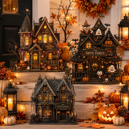 Three decorative haunted house figurines displayed on rustic wooden steps surrounded by pumpkins, lanterns, and autumn leaves. The houses are detailed with cobwebs, glowing windows, and Halloween characters, creating a cozy spooky display.