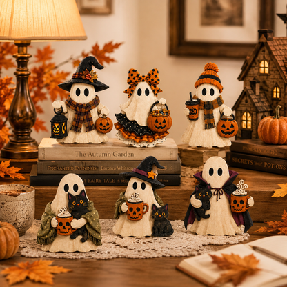 Four handmade Halloween ghost figurines styled on a wooden table with autumn props including a lamp, books, a small house, and fall leaves. The ghosts wear different outfits including witch hats, bows, and cloaks, and each holds a pumpkin bucket and a black cat.
