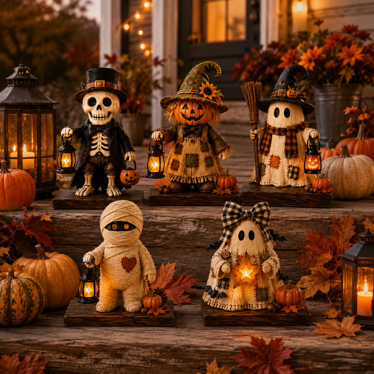 A set of five handmade Halloween yard decorations displayed on rustic wooden steps in front of a house. The decorations include a skeleton in a top hat, a patchwork scarecrow in a witch hat, a patchwork ghost, a bandaged mummy, and a patchwork ghost in a plaid bow.