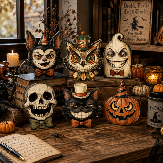 A collection of Halloween-themed decorative figurines displayed on a rustic wooden table. The set includes a vampire cat, an owl in a top hat, a smiling ghost, a skull, a black cat with a top hat, and a jack-o'-lantern pumpkin, styled with candles, books, and autumn decorations.