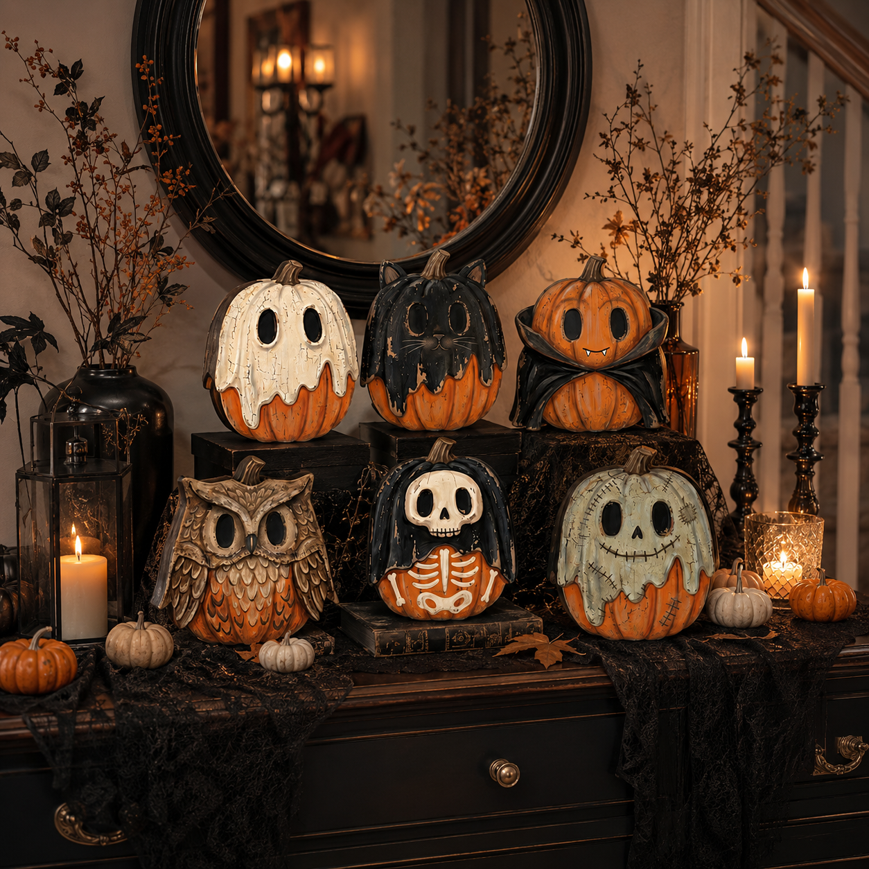A Halloween-themed decorative display featuring multiple carved pumpkins styled as ghosts, owls, skeletons, and crouching pumpkins, arranged on a dark wooden console table with black lace, candles, lanterns, and dried branches in a warmly lit interior setting.